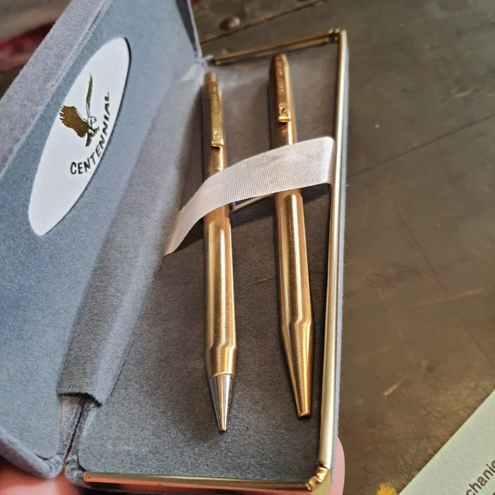 Vintage Centennial Gold-Tone Pen & Mechanical Pencil Set in Gray Velvet Case NOS